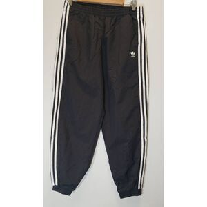 Adidas womens small wind breaker wide leg pants black white stripe baggy